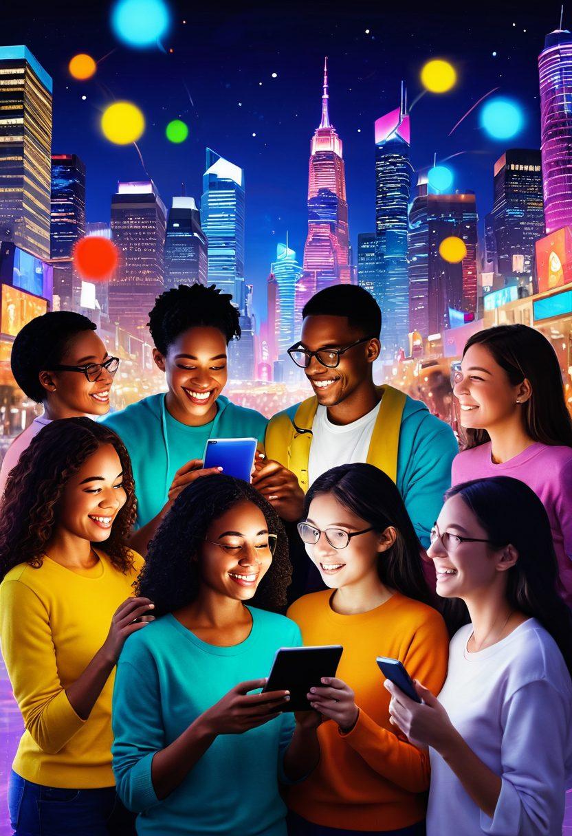 A dynamic collage depicting the fusion of intimacy and entertainment in the digital age, showcasing a diverse group of people engaging with various digital devices, such as smartphones and tablets, with virtual hugs and emoticons floating around. The background hints at a vibrant cityscape filled with colorful lights and screens, symbolizing the modern landscape of connection. The characters display emotions like joy and surprise, emphasizing the warmth of shared experiences. vivid colors. modern art style.
