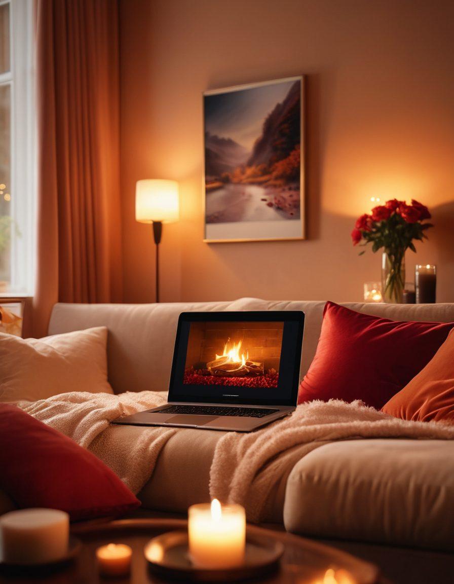 A cozy, intimate setting featuring a couple watching sensual streaming content on a plush sofa, illuminated by soft, warm lighting. Surround the couple with romantic elements like candles, rose petals, and a glass of red wine, emphasizing connection and closeness. Include a subtle hint of a laptop or tablet displaying alluring visuals, symbolizing streaming content. The scene exudes warmth, passion, and allure. super-realistic. warm colors. soft focus.